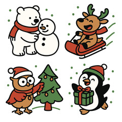 Naklejka premium Polar bear snowman reindeer sled owl Christmas tree penguin present festive winter