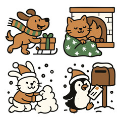 Dog scarf sled gift, cat blanket fireplace, rabbit snowball, penguin mailbox festive