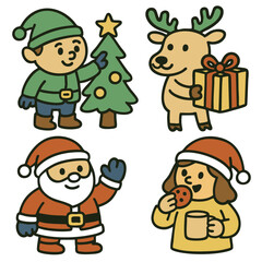 Fototapeta premium Christmas character tree reindeer Santa girl cookie mug festive cartoon happy