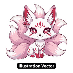 Adorable white and pink nine-tailed Kitsune fox from Japanese mythology, a cute mythical creature illustration