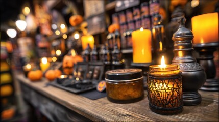 Vibrant Halloween-themed display featuring candles, pumpkins, and festive decorations in a cozy shop