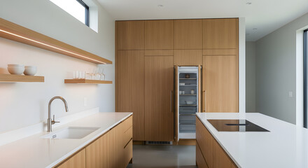 Modern kitchen with sleek wooden cabinetry, integrated appliances, and minimalist island.