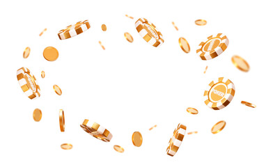 3d flying golden casino poker chips and coins with different angles. Gold and white chips for betting and gambling games. Stock vector illustration on isolated background.	