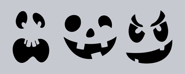 Set of simple, spooky carved pumpkin faces, perfect for stencils or Halloween decor.