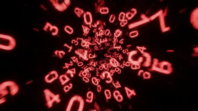 Abstract visual of red alphanumeric characters spiraling into a vortex, creating a dynamic digital effect