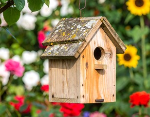 Wooden birdhouse hanging amid colorful flowers