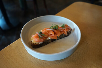 Close up dish of smoked Salmon on sourdough toast