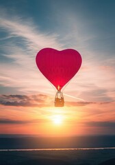 Obraz premium Romantic heart hot air balloon soars over sunset landscape