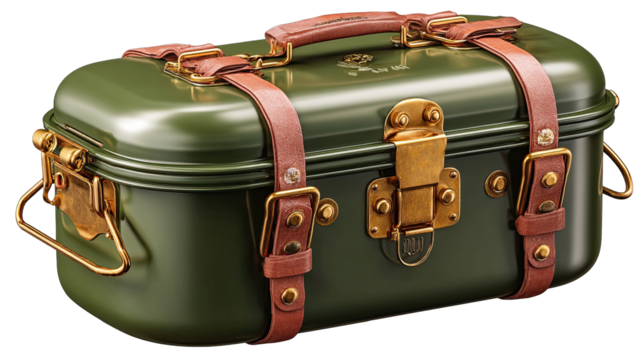 Olive-green metal box with tan leather straps and brass hardware