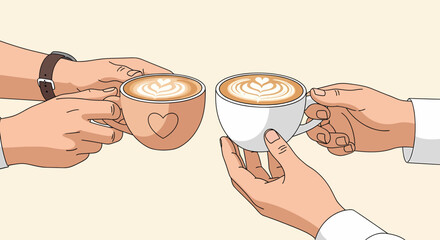 Two people holding cups of cappuccino with heartshaped latte art during a coffee meeting.