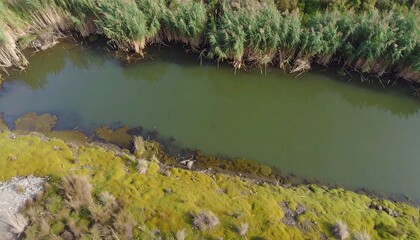 High-angle view of a still, greenish-brown river, bordered by tall grasses and yellow-green moss