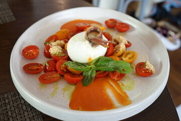Close up plate of Burrata Cheese with tomatoes and anchovy- Italian cuisine