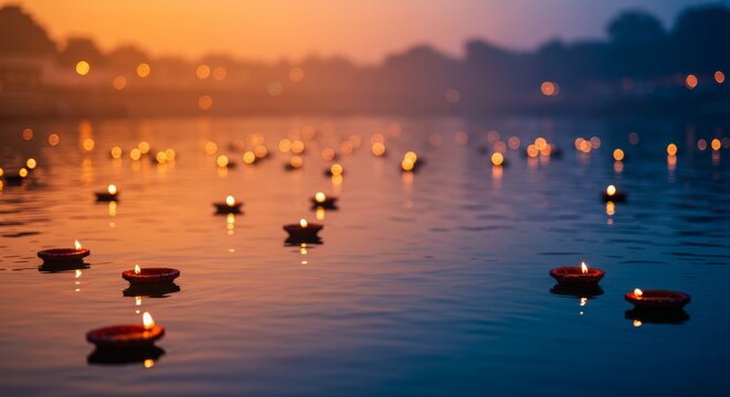 Kartik Purnima Festival banner background, lamps floating on river gradient
