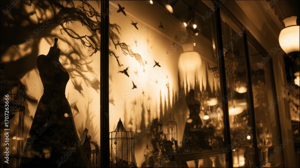Poster elegant window display featuring mannequins and intricate shadows, creating a whimsical atmosphere
