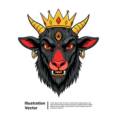 Intense Demon Goat Illustration with Golden Crown, Fiery Eyes, and Symbolism on White
