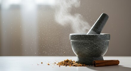 Mortar and pestle grinding spices with steam and particles rising