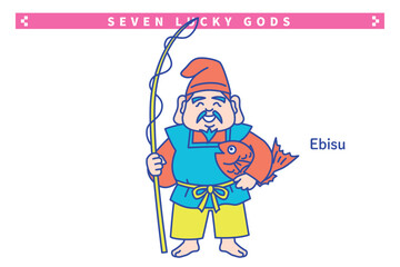 かわいい七福神の線画ベクターイラスト　恵比寿