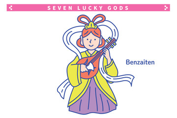 かわいい七福神の線画ベクターイラスト　弁財天