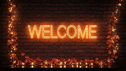 neon welcome sign autumn leaves string lights