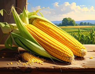 Two ears of corn on a rustic wooden surface, with a field view