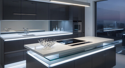 Modern luxury kitchen with sleek dark cabinetry, integrated appliances, and illuminated island countertop.