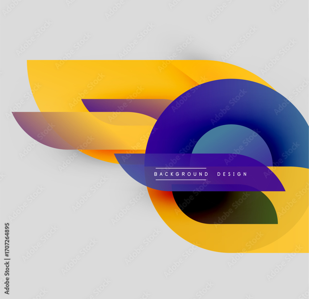 Poster abstract colorful shapes overlap. yellow, purple, blue gradients create dynamic visual effect. moder
