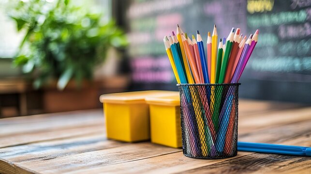 Colorful pencils in a wire holder on a wooden table, with other supplies