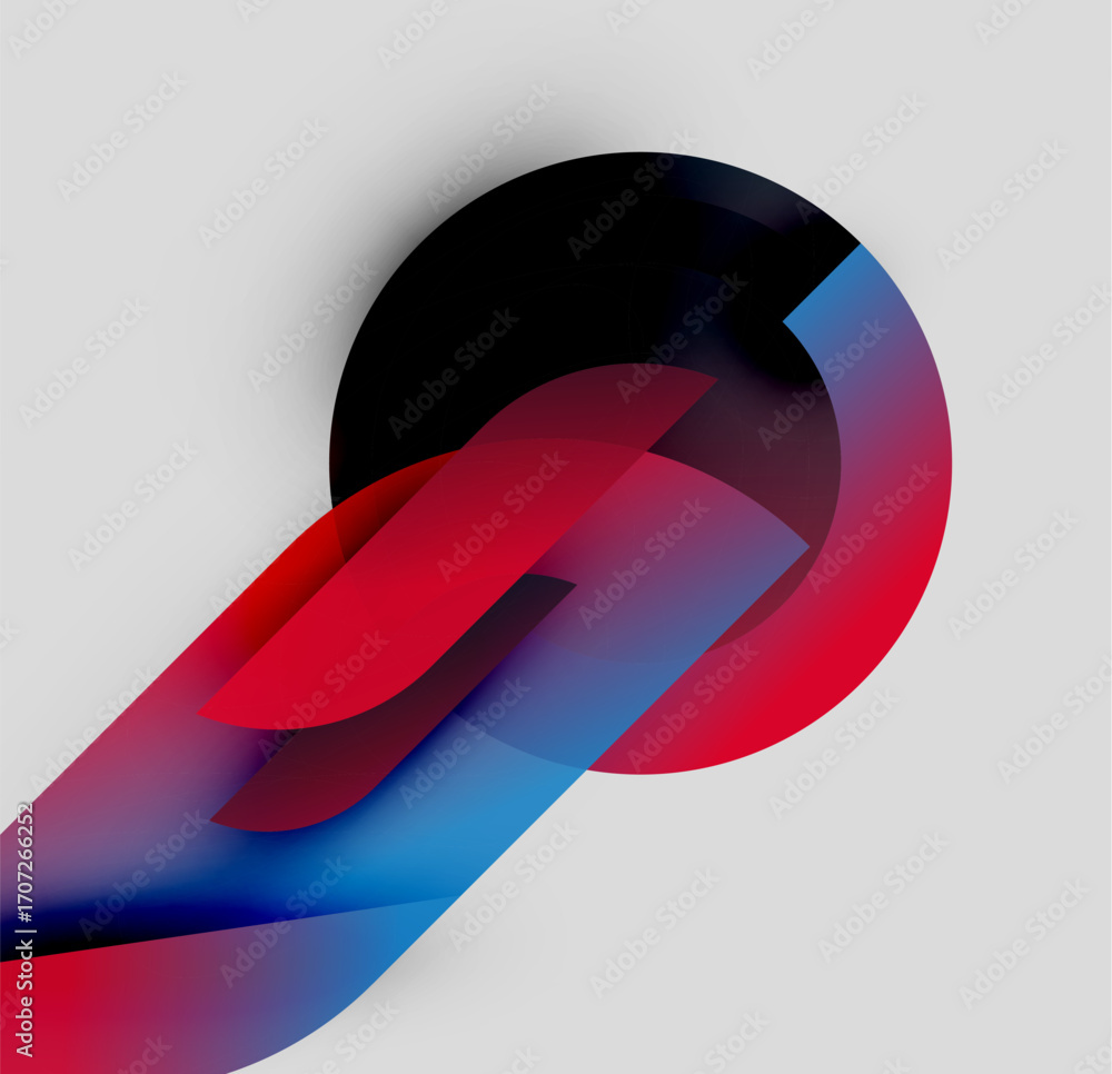 Poster abstract design features vibrant red, blue gradients. shapes overlap creating dynamic visual effect.