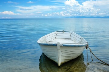 Obraz premium Tranquil white rowboat on placid water under a partly cloudy sky