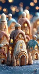 Fototapeta premium Illuminated gingerbread village nestled in a snowy scene, glowing warmly against a bokeh backdrop