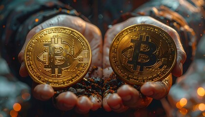 Two golden bitcoin coins held in hands, amidst fiery particles