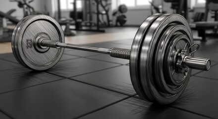 Naklejka premium Heavy Metal Barbell with Weight Plates on Gym Floor in Fitness Studio