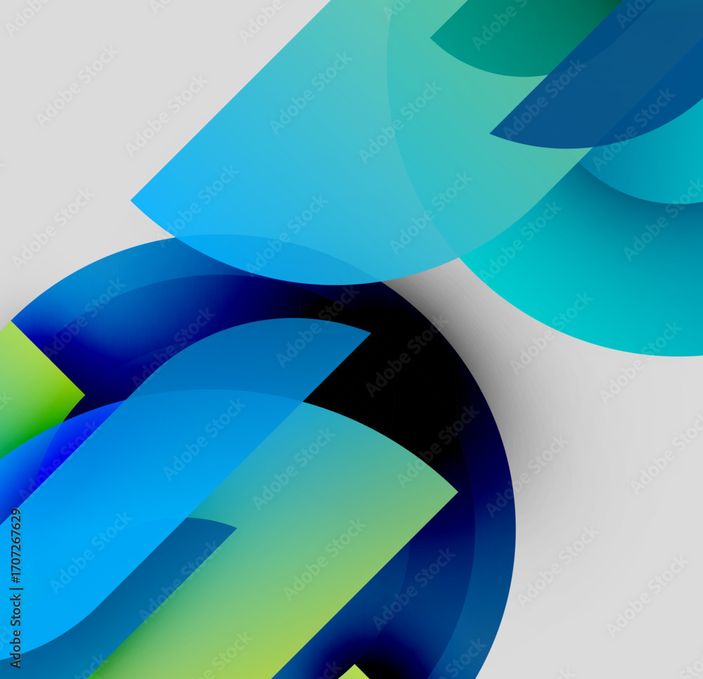 Poster abstract composition. overlapping translucent shapes create dynamic visual effect. blue, green hues 