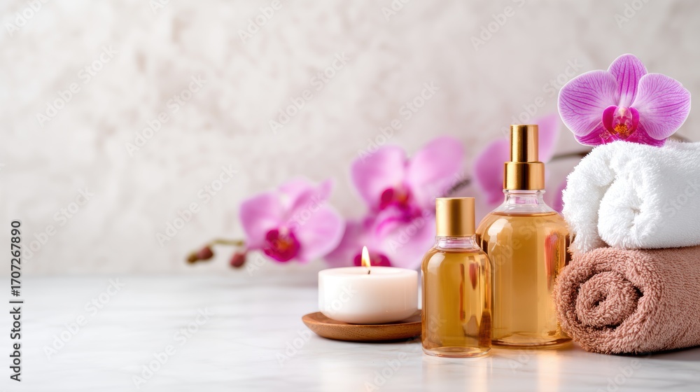 Poster Serene spa setting featuring aromatic oils, candles, and soft towels with orchids in the background