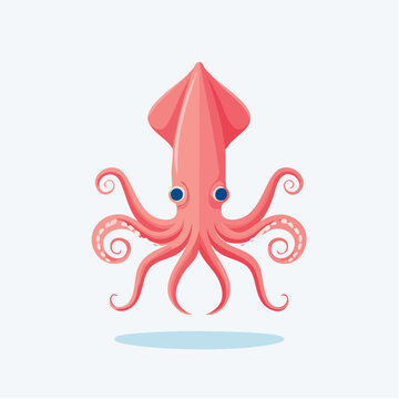 Minimalist vector illustration of a cute pink squid with a flat design on a clean white background