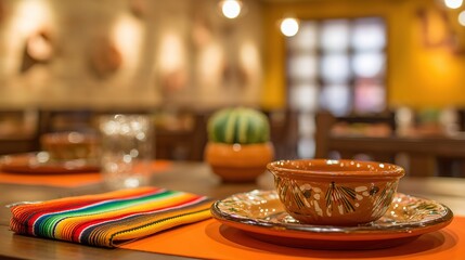 Fototapeta premium Traditional Mexican table with colorful textiles and ceramics, celebrating rich cultural heritage in a cozy setting.