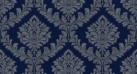 Elegant Silver Damask Pattern on Dark Blue Background for Classic Interior Design