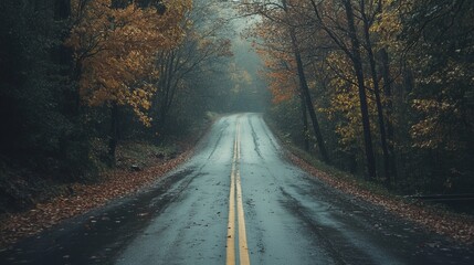 Fototapeta premium A wet, autumnal road winds through a misty forest