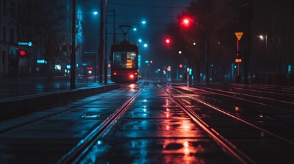 A nighttime city street scene at a tram stop, featuring wet tracks reflecting vibrant neon light