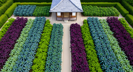 Aerial View of Japanese Garden with Traditional House and Rectangular Beds of Colorful Plants