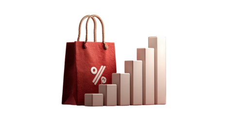 Red shopping bag with rising sales graph