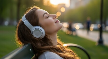 Young Woman Wearing White Headphones Relaxing on Park Bench at Sunset with Soft Natural Light