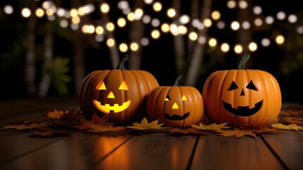 Festive Halloween Night with Three Intricately Carved Pumpkins Illuminated by Glowing Lights Creating a Spooky and Enchanting Atmosphere Outdoors