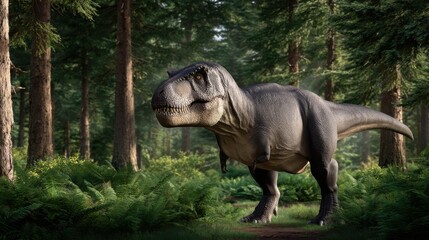 Fototapeta premium Majestic Dinosaur Walking Through Lush Green Forest Surrounded by Towering Trees Creating a Mystical and Prehistoric Natural Environment Scene