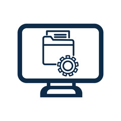 An icon showing a desktop computer monitor with a folder and a gear symbol on the screen, representing the functions of an ERP system. This graphic symbolizes ERP data entry and the digital management