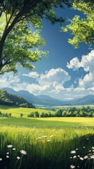 Naklejka premium Lush green meadow, sunlit hills, and vibrant sky