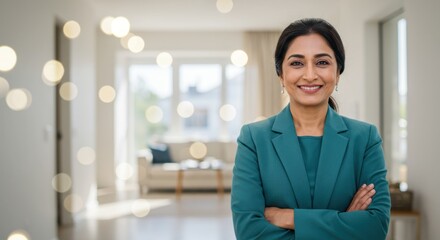 Woman in teal blazer smiles with arms crossed in a bright blurred room