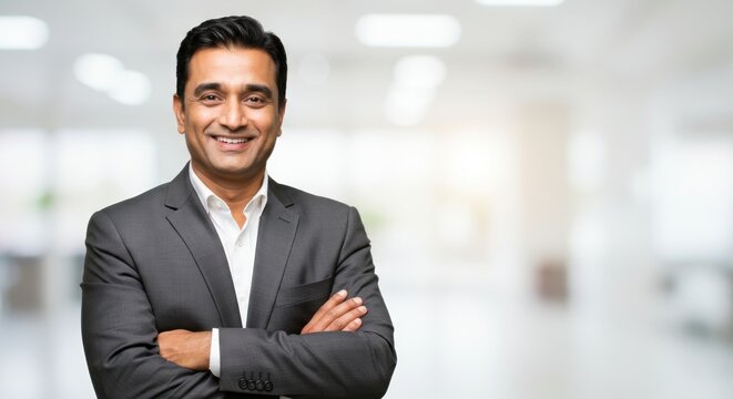 Man in a suit smiling with arms crossed in an office