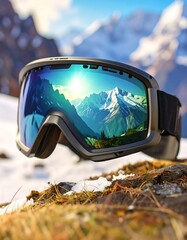 Close-up ski goggles reflecting snowy mountain scenery