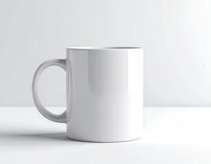 Empty white mug on white surface